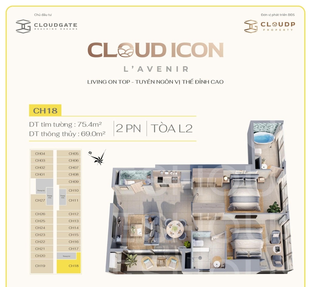 Layout căn hộ 2 phòng ngủ Cloud Icon L’Avenir