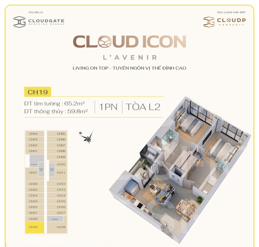 Layout căn hộ 1 phòng ngủ Cloud Icon L’Avenir